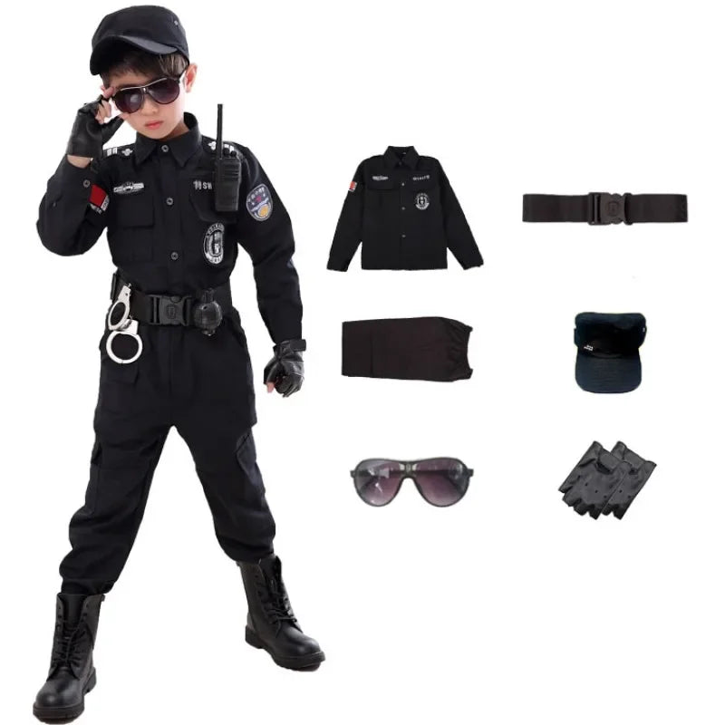 Swat Children Halloween Police Officer Cosplay Costumes Kids Carnival Police Uniform 110-160Cm Boys Army Police Officers Soldier